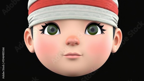 Cartoon girl with green eyes and red and white headband looking up