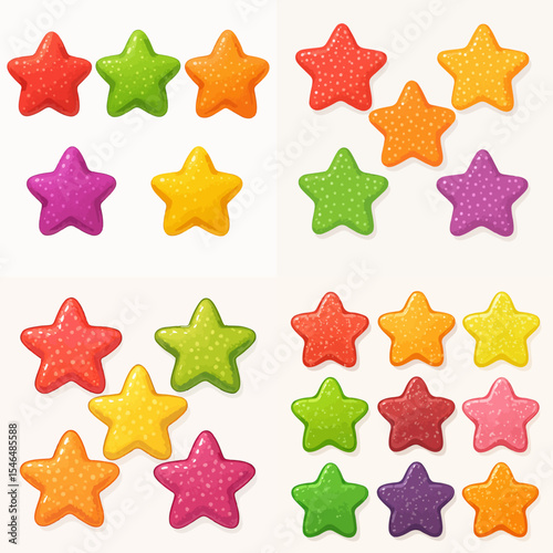Vector Set Fruity gummy candies. Jelly star shape sweets, delicious chewy sweets with various flavors flat vector illustration set. Cartoon jelly sweets and silhouette