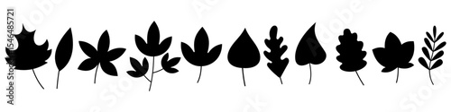 Set of Black Silhouette Autumn Leaves. Collection of Various Leaf Shapes. Minimalist Botanical Design Elements for Fall, Nature, Decoration, Eco Projects.