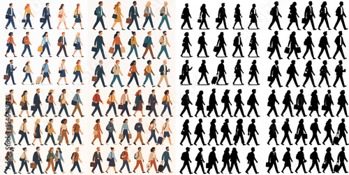 Vector Set Walking people. Men and women going to office, shopping or walking, pedestrians walk, student, businessman or tourist walk together flat vector illustration set and silhouette