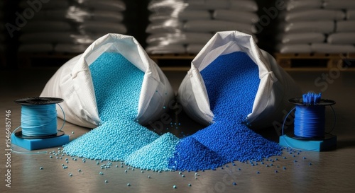Blue plastic pellets in an open bags with reels of filament for 3D printing on the background of a warehouse with a pallets of raw material
