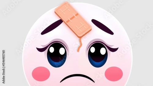 Sad cartoon face with bandage on head, expressing injury or illness in vector format