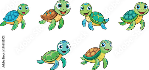 Happy turtle cartoon set vector illustration