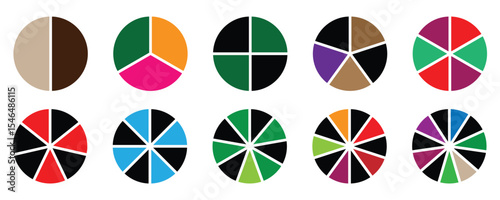 Pie charts diagrams Circle diagram collection with sections or parts. Colorful diagram collection with, 1 to 12 sections. Vector illustration isolated on white background. 
