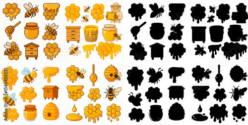 Vector Set Cartoon honeycomb set. Sweet honey honey drops with honey bees, beekeeping, honeycraft and apiary flat vector symbols collection. Honeycomb with melting honey and silhouette