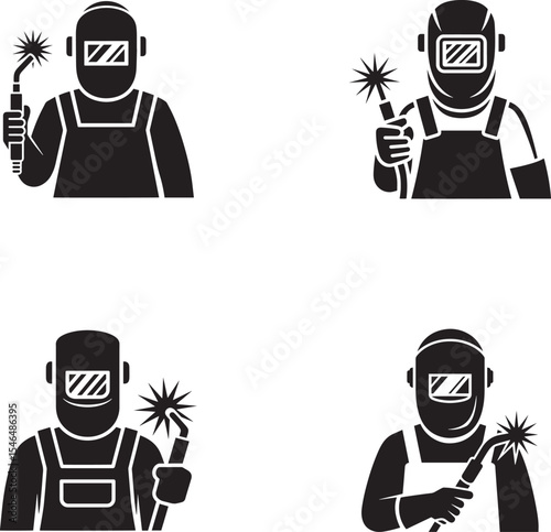 Black and white welding workers icons set