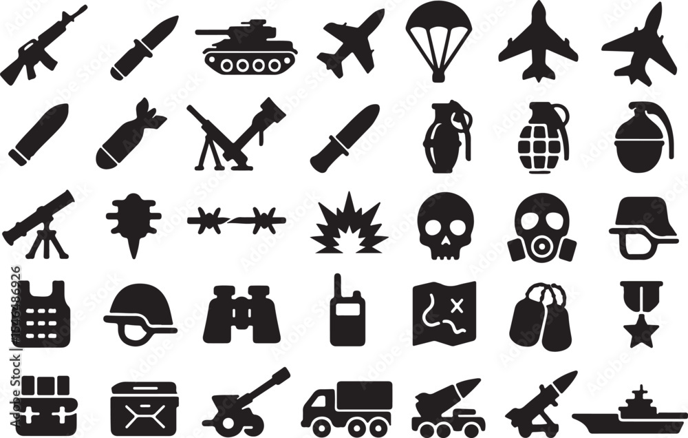 Naklejka premium silhouette vector images of war items used in the battle field with white background for using as icon or logo