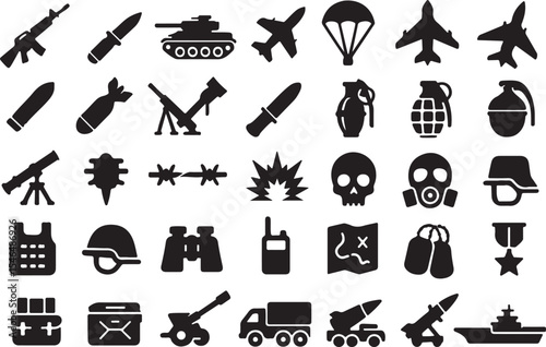 silhouette vector images of war items used in the battle field with white background for using as icon or logo