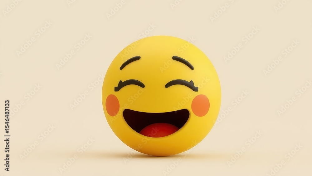 Fototapeta premium Happy yellow emoji with rosy cheeks and a wide smile on a light background