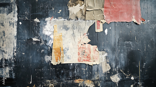 poster mockup with torn paper collage style, rough textures, urban wall background, layered rips and tape, gritty street art vibe, moody lighting.