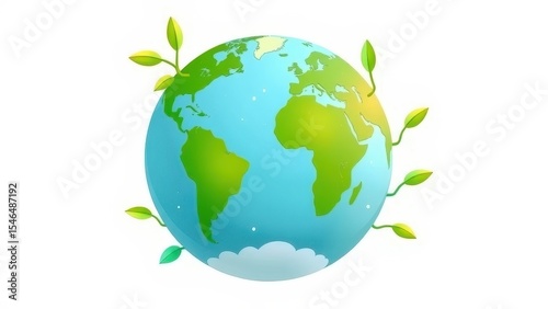 Cartoon earth globe with green continents and sprouting leaves on a white background