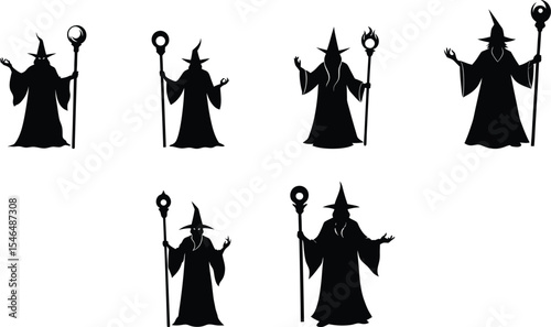 Wizard Holds Magic Wand Silhouettes Set vector illustration