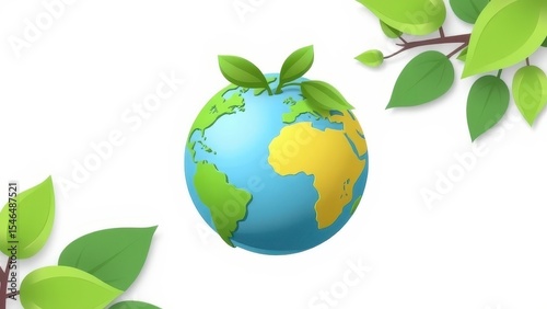 Cartoon earth globe with green leaves and branches on a white background