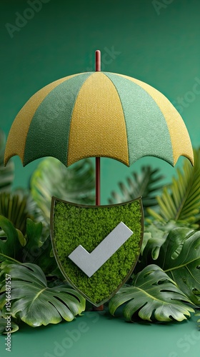 Green leaf umbrella protecting checked shield symbolizing environmental conservation