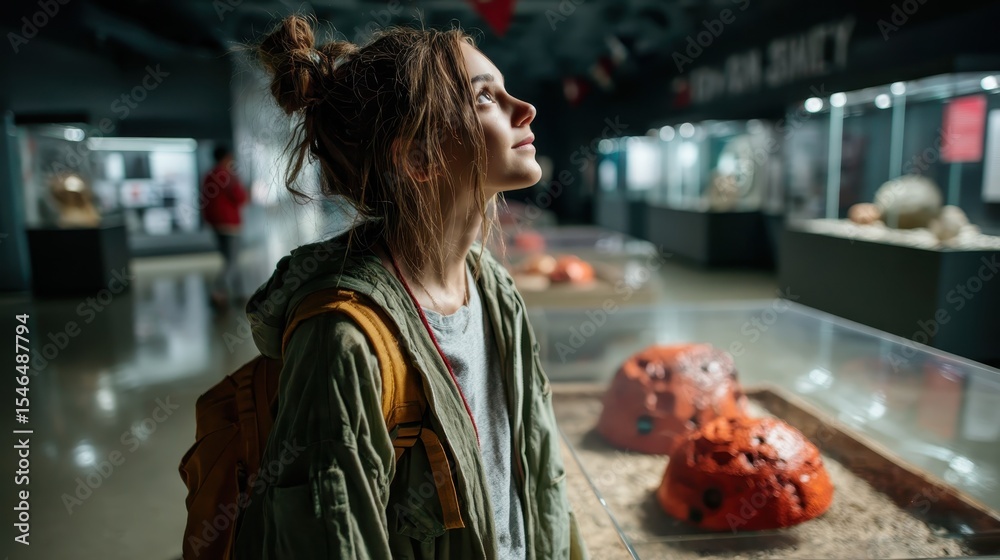 Obraz premium A young girl gazing up in awe at a museum exhibit, showcasing geological specimens, reflecting curiosity and wonder about the Earth’s history and natural beauty.