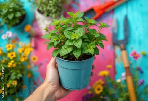 Mano sosteniendo una planta de menta en maceta contra un fondo de jardín brillante