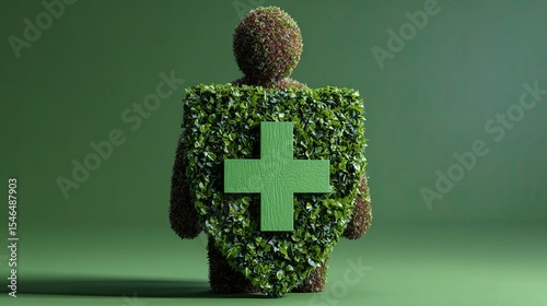 Green shield with cross representing health and sustainability