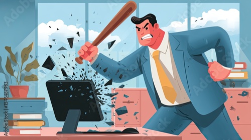 Furious businessman destroying computer with baseball bat in office, cartoon illustration.