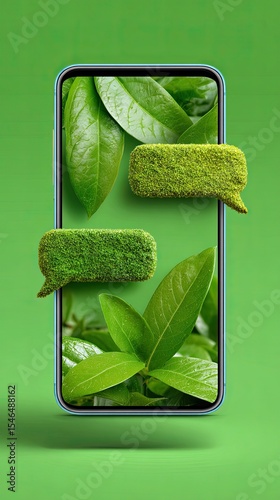 Green grass chat bubbles growing on smartphone screen displaying lush foliage: promoting eco-friendly communication