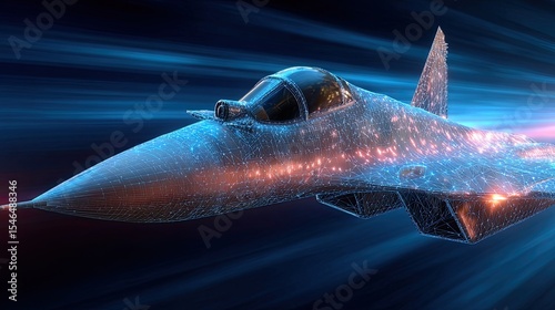 Wireframe fighter jet flying at supersonic speed with light trails