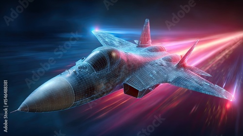 Wireframe fighter jet flying at supersonic speed with light trails