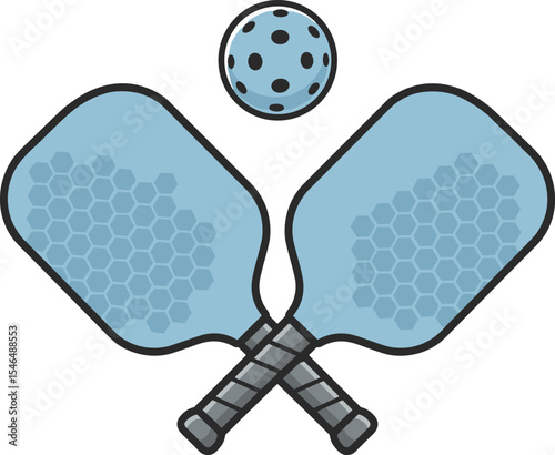 Pickleball paddles crossed, blue sports equipment, perforated ball, hexagon texture, outdoor recreation gear, fun active lifestyle, competitive game tool, modern athletic accessory