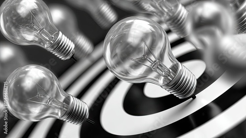 Light bulbs flying towards a black and white dartboard representing target marketing and ideas