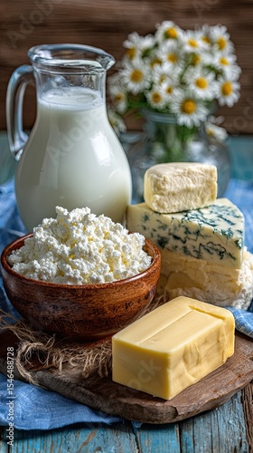 Fresh dairy products composition with cottage cheese and milk on rustic table