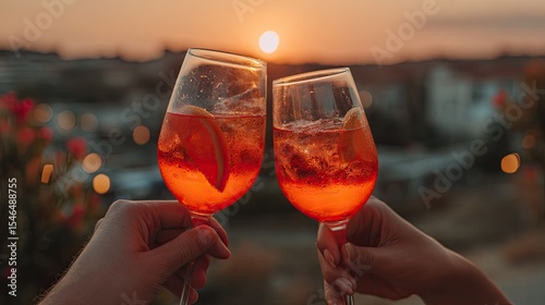 Hands toasting with aperol spritz at sunset overlooking the sea