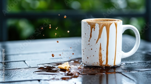 A dynamic image showcasing a coffee cup spilling over a table, with droplets captured mid-air, emphasizing the chaos of the moment and the beauty of everyday life.