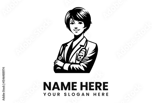Black and white stylized logo of a female doctor, arms crossed, with placeholder text for name and slogan.