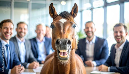 A horse humorously posing at a business meeting, symbolizing breaking stereotypes in corporate culture and adding fun to professional environments