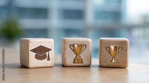 Graduation, trophy and medal on wooden cubes representing education, success and achievement