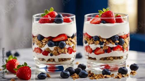 Close-up of a healthy breakfast serving of a glass parfait layered with Greek yogurt, granola, fresh strawberries, blueberries and a drizzle of honey arranged on a clean marble surface.