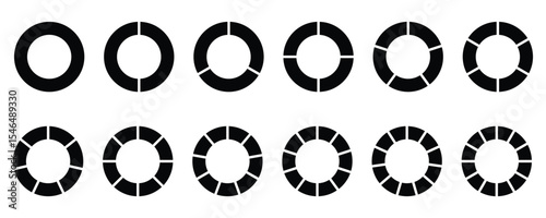 Circle division infographic icon set. Flat process cycle. Progress sectors. business elements and statistics with numbers. Pizza or donut round diagram. Infographic wheel segment and fraction. Vector 
