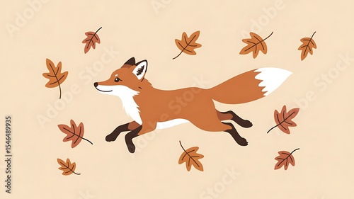 Cute red fox leaping through autumn leaves