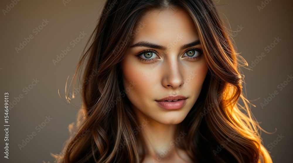 Portrait of a woman with voluminous, wavy brunette hair and a subtle makeup look placed against a neutral background Portrait of a woman with voluminous, wavy brunette hair and a subtle makeup look placed against a neutral background