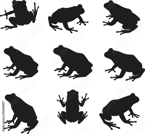 Versatile set of nine black amphibian silhouettes, featuring frogs and toads in multiple static poses, isolated on a white background for easy use.