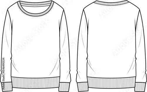 Regular Fit Unisex Basic Sweatshirt. Technical fashion sweatshirt illustration. Flat apparel sweat template front and back, white colour. Unisex CAD mock-up.