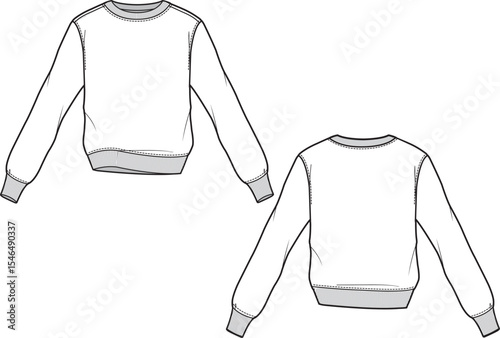 Slim Fit Unisex Basic Sweatshirt. Technical fashion sweatshirt illustration. Flat apparel sweat template front and back, white colour. Unisex CAD mock-up.