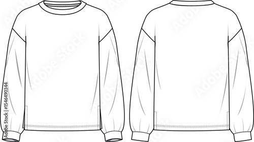 Women's Side Split Sweatshirt. Technical fashion sweatshirt illustration. Flat apparel sweat template front and back, white colour. Women's CAD mock-up