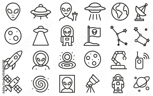 Collection of line art icons depicting themes related to space exploration and extraterrestrial life