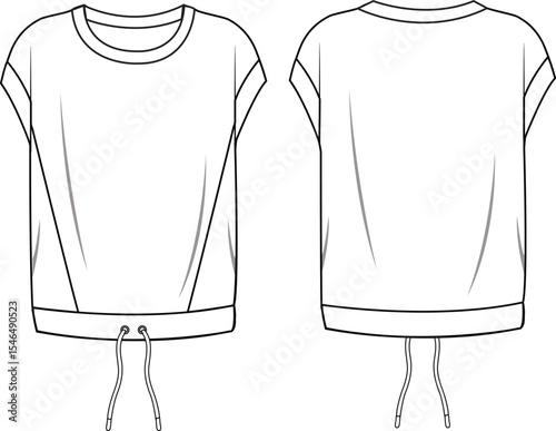 Women's Short-Sleeved Sweatshirt. Technical fashion illustration. Front and back, white colour. Unisex CAD mock-up.
