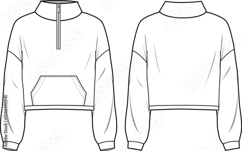 Unisex Half Zip Sweatshirt. Technical fashion sweatshirt illustration. Flat apparel sweat template front and back, white colour. Unisex CAD mock-up.