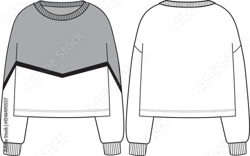 Women's Trimmed Boxy Crop Sweatshirt. Technical fashion sweatshirt illustration. Flat apparel sweat template front and back, white color. Women's CAD mock-up.