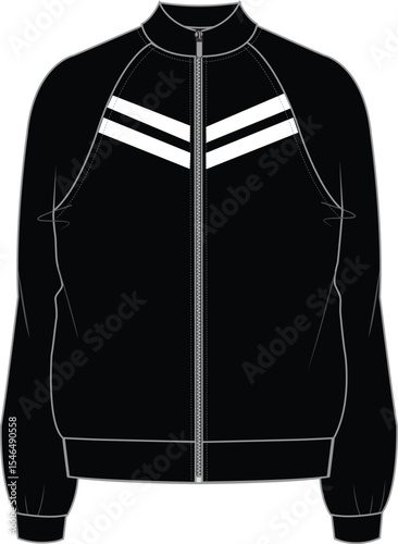 Unisex Zip Front Sweat. Sweat technical fashion illustration. Flat apparel jacket template front, black color. Unisex CAD mock-up.