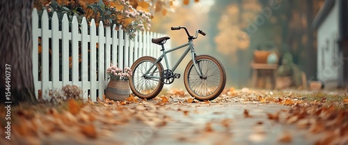 Autumnal bike scene by a white fence, strewn with fallen leaves
