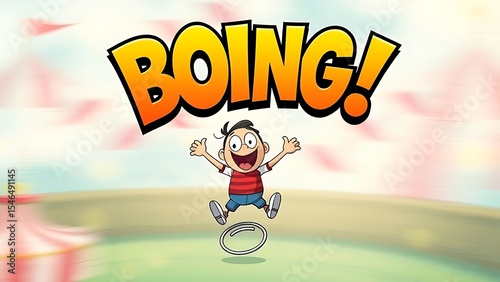 Playful Cartoon Kid Bouncing on a Trampoline with 