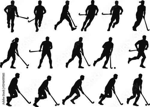 Collection of fifteen field hockey player silhouettes in various action poses, a dynamic vector set for sports design, team graphics, and athletic illustrations.