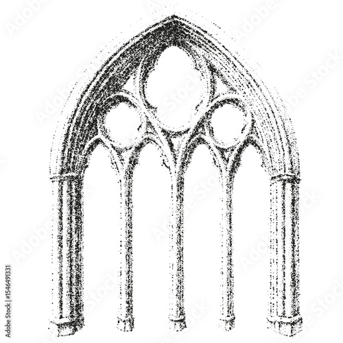 Arch, window, of building, ancient medieval church with Gothic style. Stippled effect.  Vintage look.